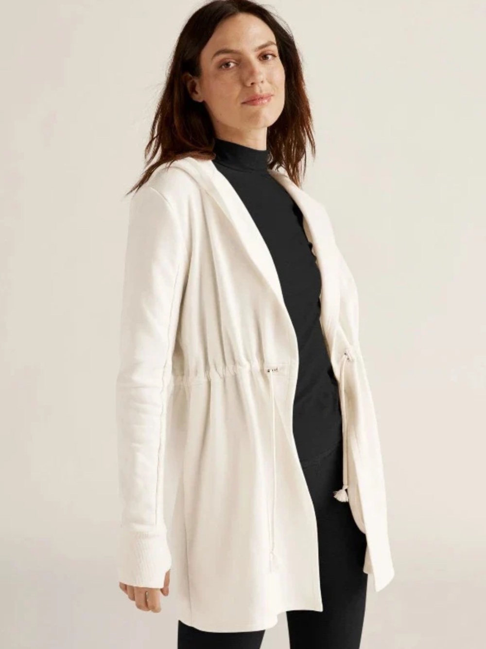 Beyond Yoga On the Go Open Front Hooded Jacket White Pockets Fleece Athleisure - Picture 9 of 10